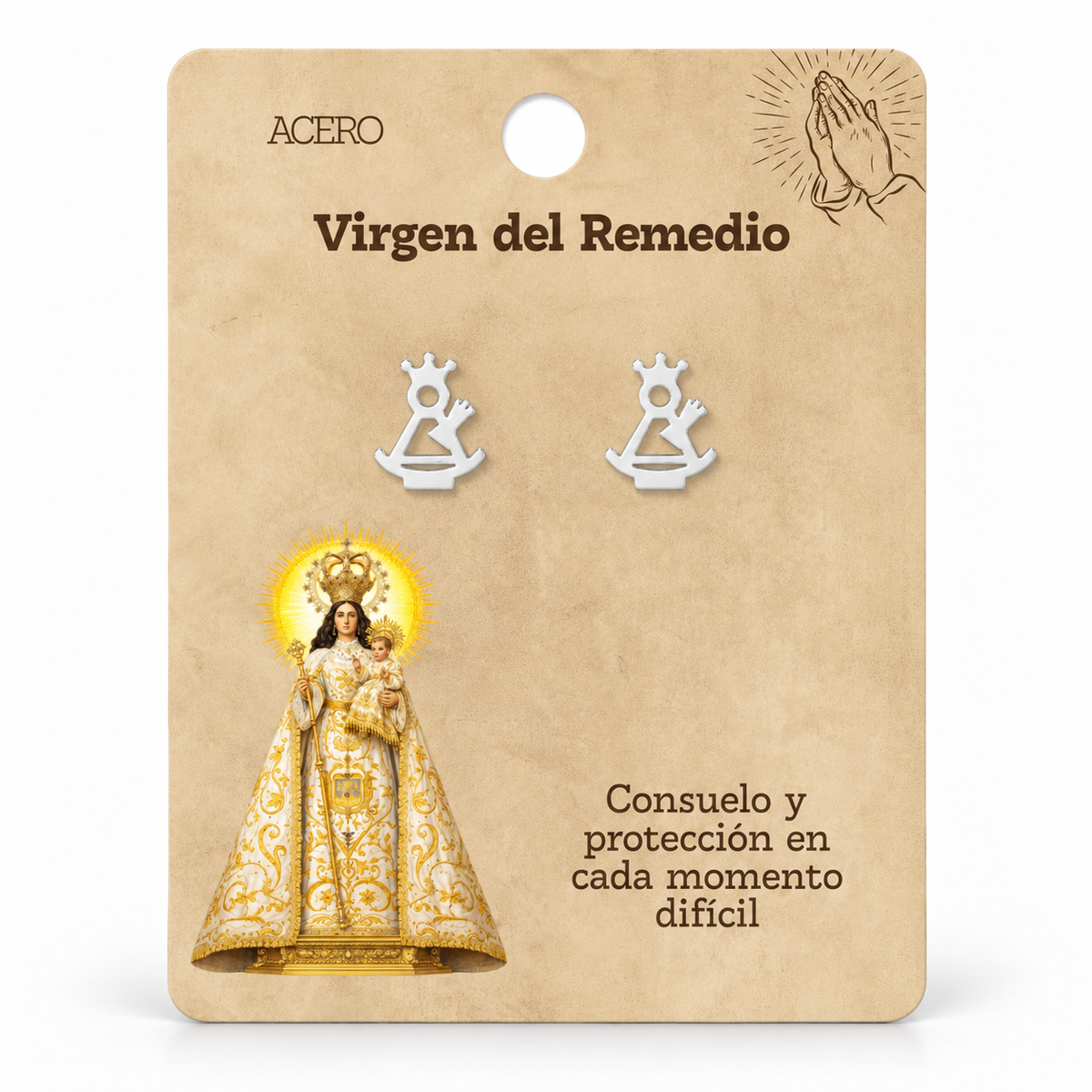 Par de pendientes Virgen del Remedio de color plateado sobre su tarjeta