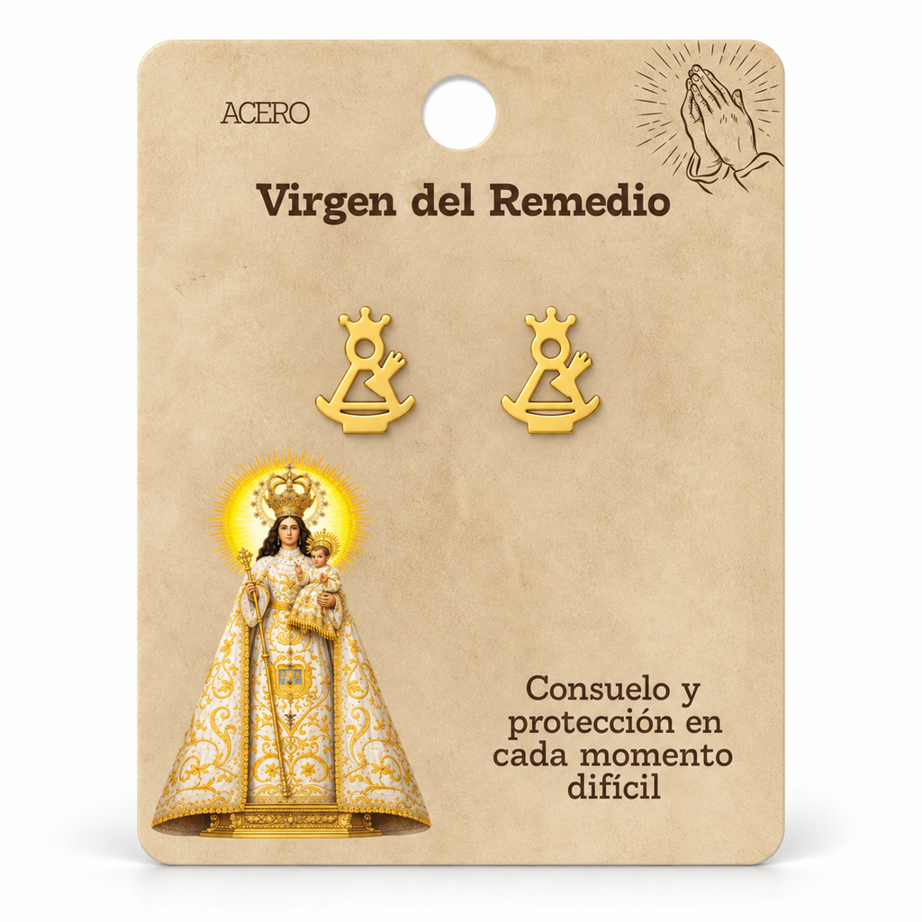 Par de pendientes Virgen del Remedio de color dorado sobre su tarjeta