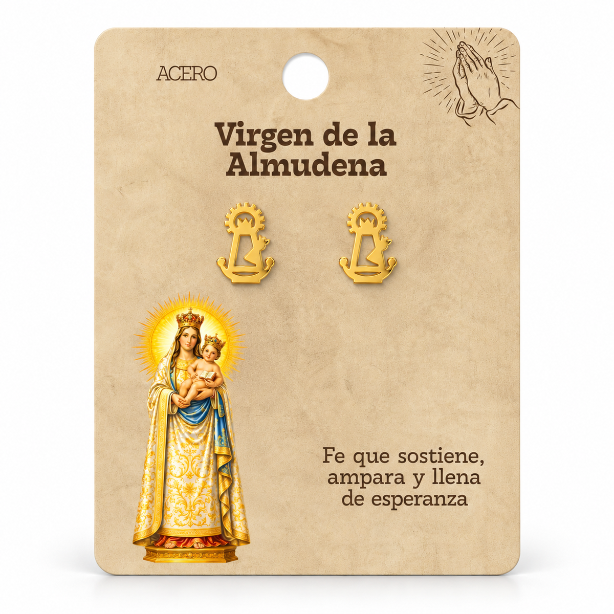 Par de pendientes Virgen de la Almudena de color dorado sobre su tarjeta