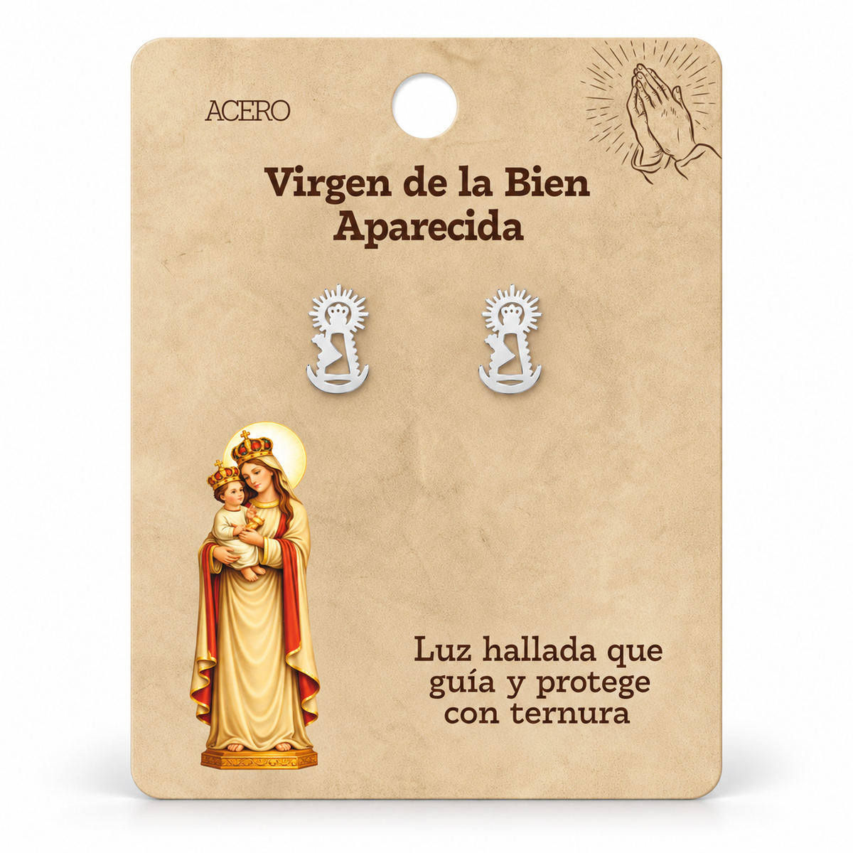 Par de pendientes Virgen de la Bien Aparecida de color plateado sobre su tarjeta