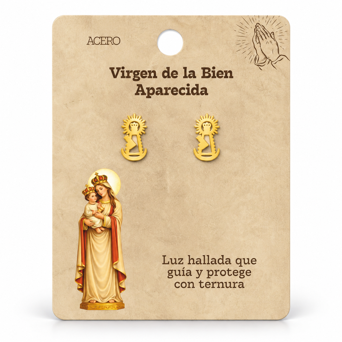 Par de pendientes Virgen de la Bien Aparecida de color dorado sobre su tarjeta