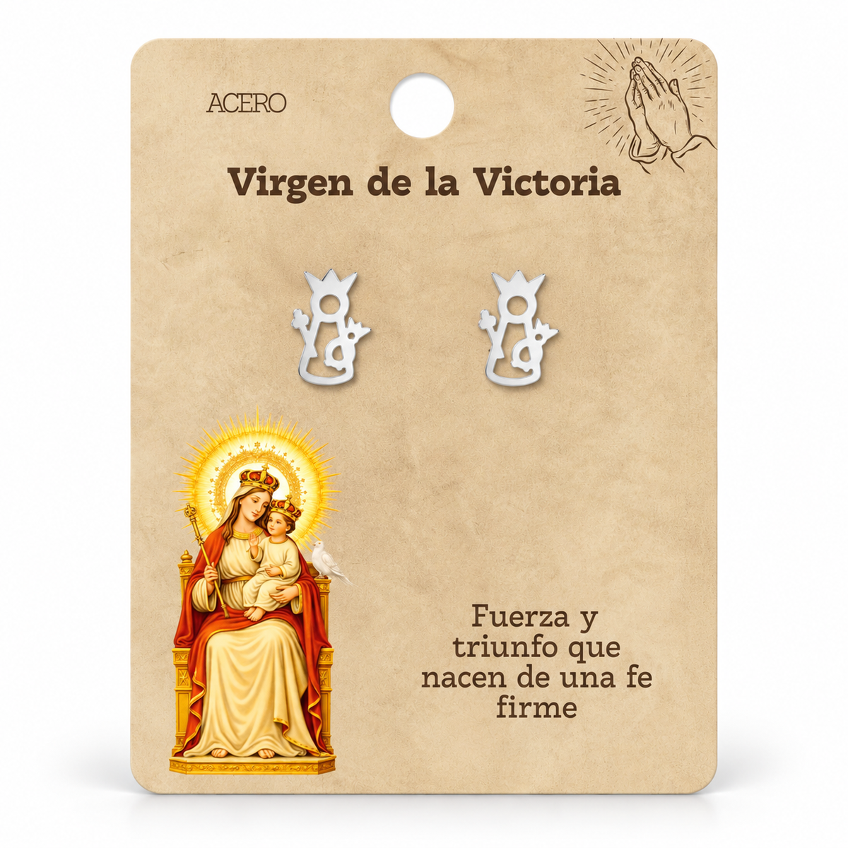Par de pendientes Virgen de la Victoria de color plateado sobre su tarjeta