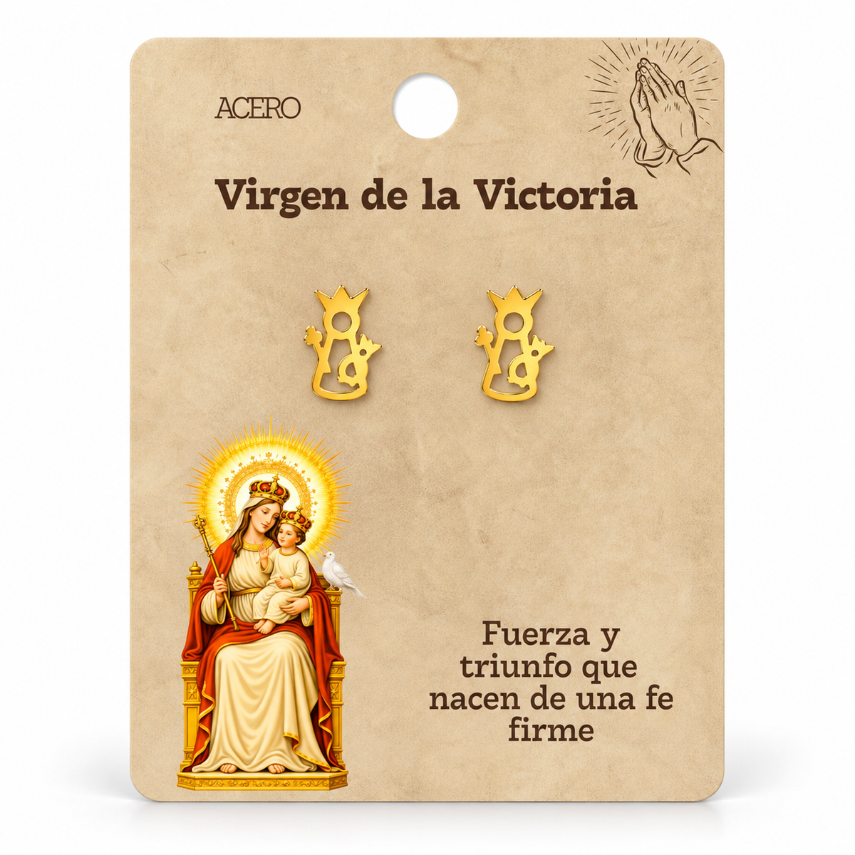 Par de pendientes Virgen de la Victoria de color dorado sobre su tarjeta