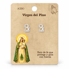 Par de pendientes Virgen del Pino de color plateado sobre su tarjeta