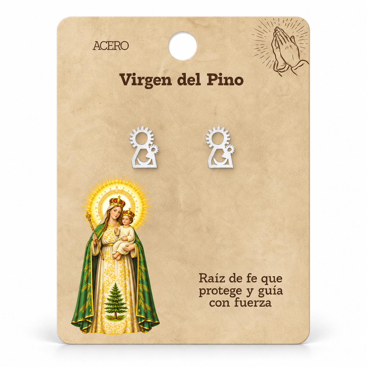 Par de pendientes Virgen del Pino de color plateado sobre su tarjeta