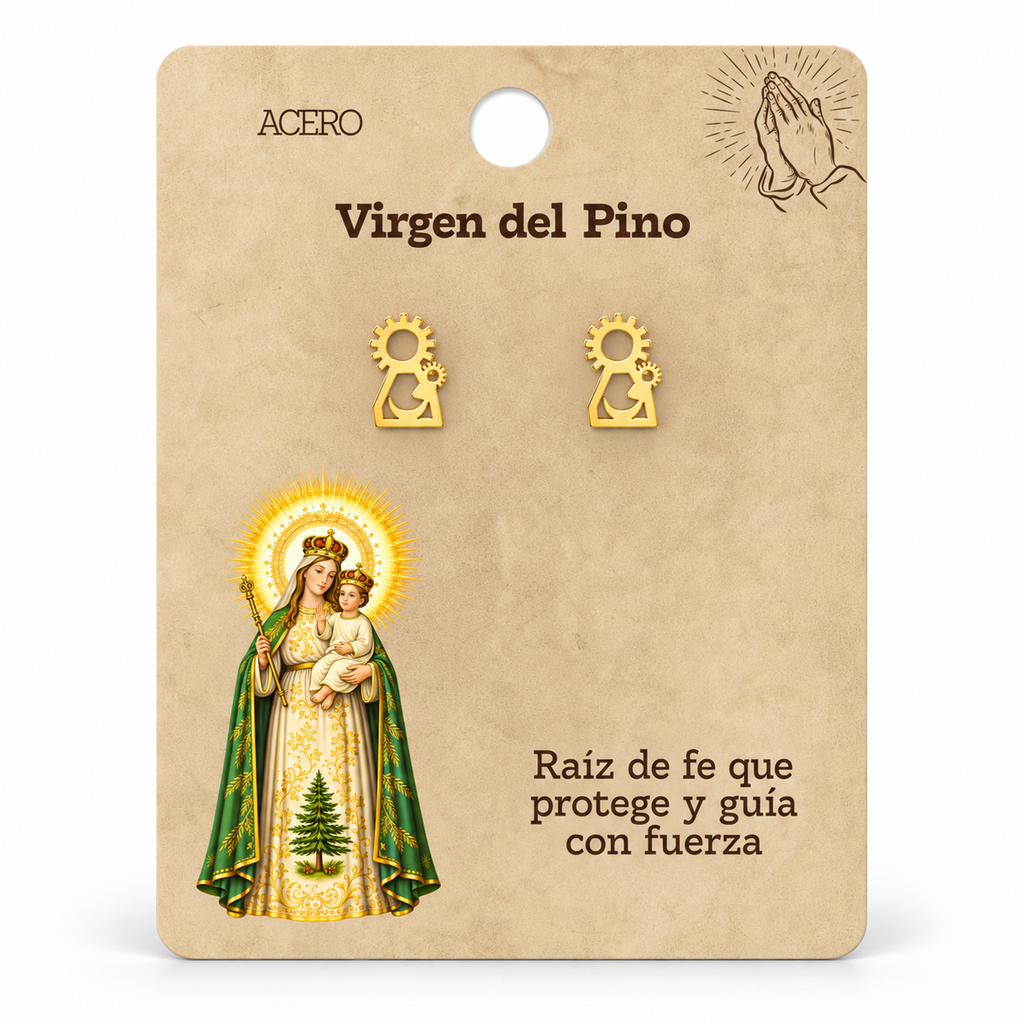 Par de pendientes Virgen del Pino de color dorado sobre su tarjeta