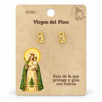 Par de pendientes Virgen del Pino de color dorado sobre su tarjeta