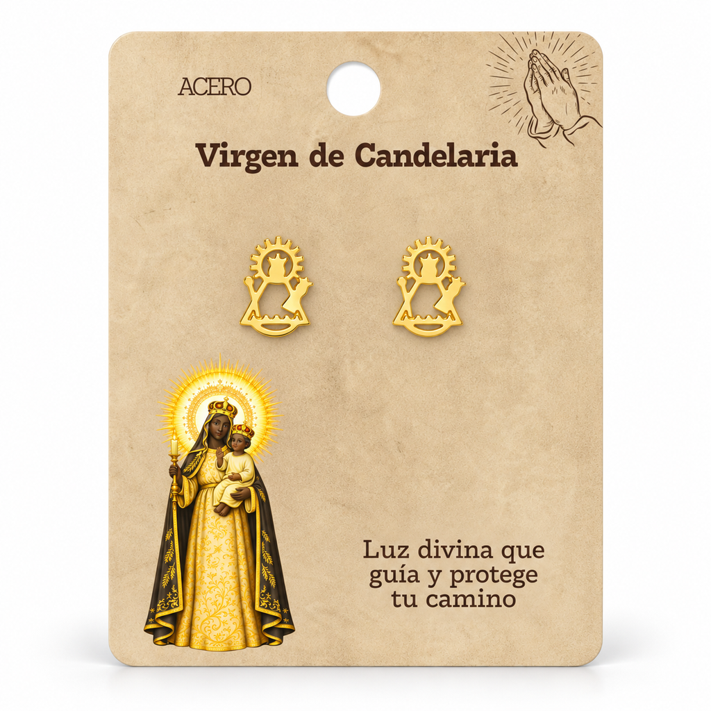 Par de pendientes Virgen de Candelaria de color dorado sobre su tarjeta