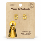 Par de pendientes Virgen de Candelaria de color dorado sobre su tarjeta