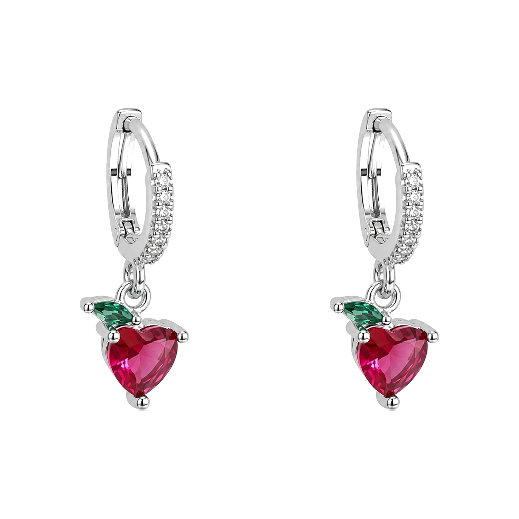 Pendientes de Aro Plateados con Corazón Rojo