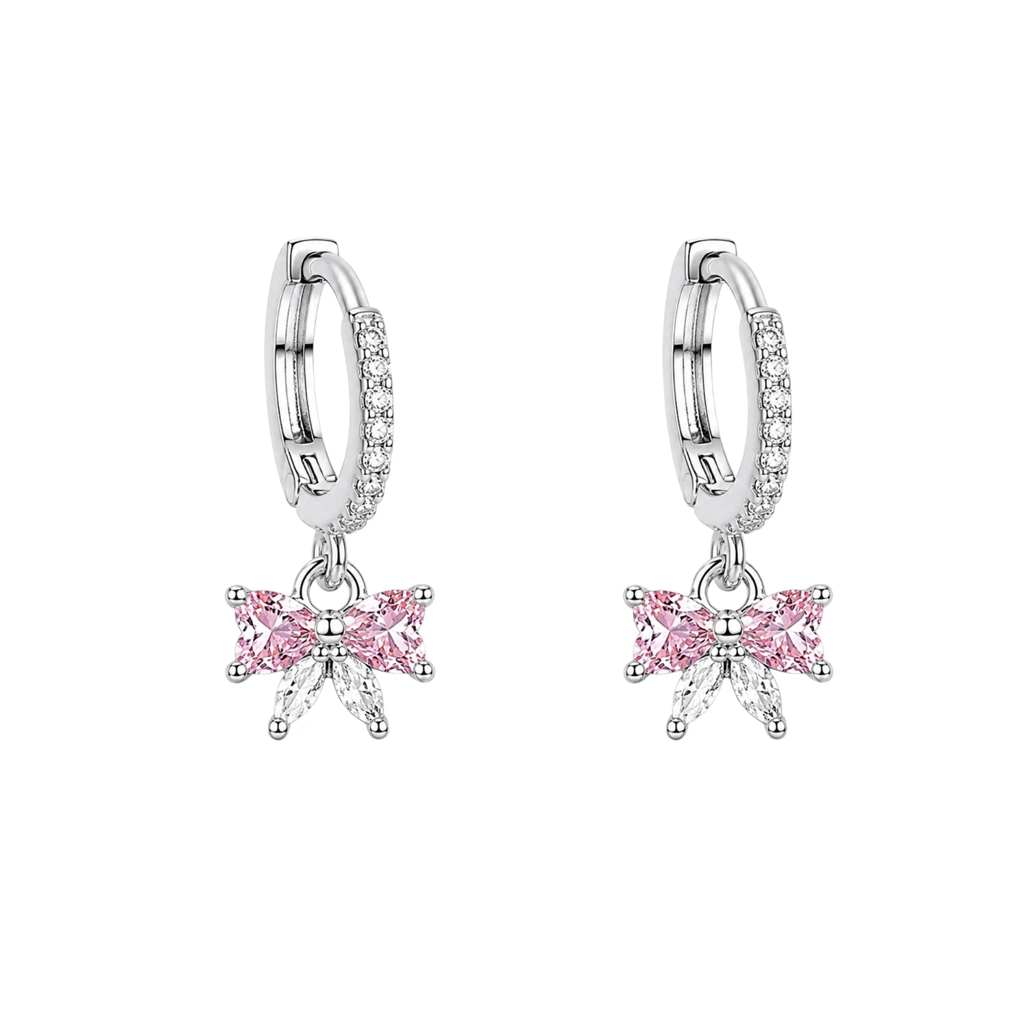 Pendientes de Aro Plateados con Lazo Rosa