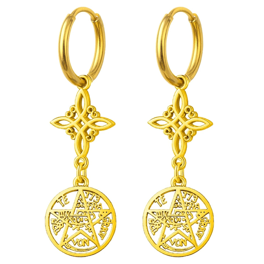Pendientes de aro en acero inoxidable dorado con colgantes verticales: Nudo de Bruja (arriba) y Tetragrammatón (abajo).