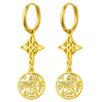 Pendientes de aro en acero inoxidable dorado con colgantes verticales: Nudo de Bruja (arriba) y Tetragrammatón (abajo).