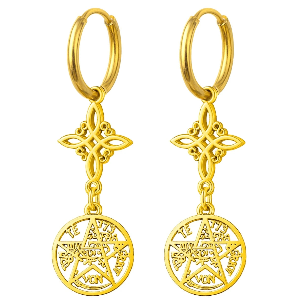 Pendientes de aro en acero inoxidable dorado con colgantes verticales: Nudo de Bruja (arriba) y Tetragrammatón (abajo).