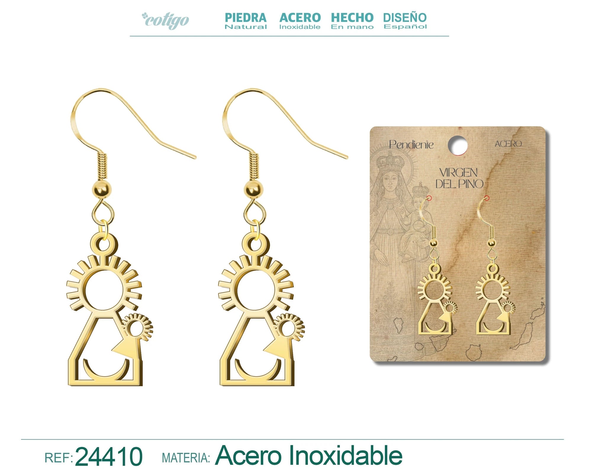 Pendientes de la Virgen del Pino en Acero Dorado diseño