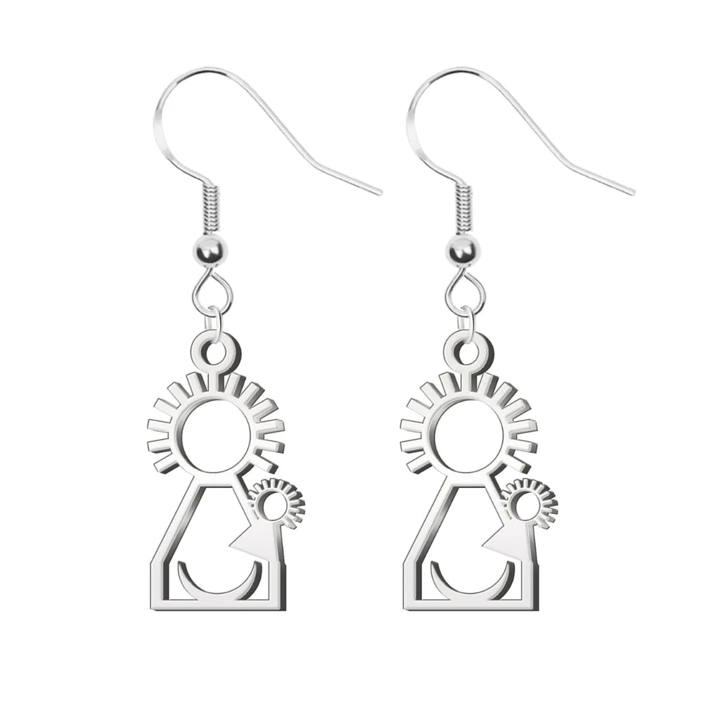 Pendientes largos de gancho con silueta calada de la Virgen del Pino en acero inoxidable plateado