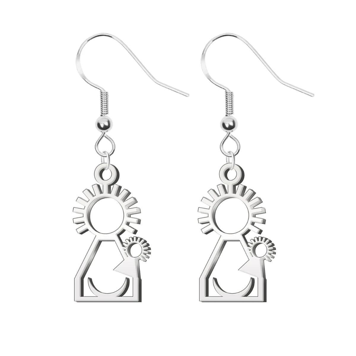 Pendientes largos de gancho con silueta calada de la Virgen del Pino en acero inoxidable plateado