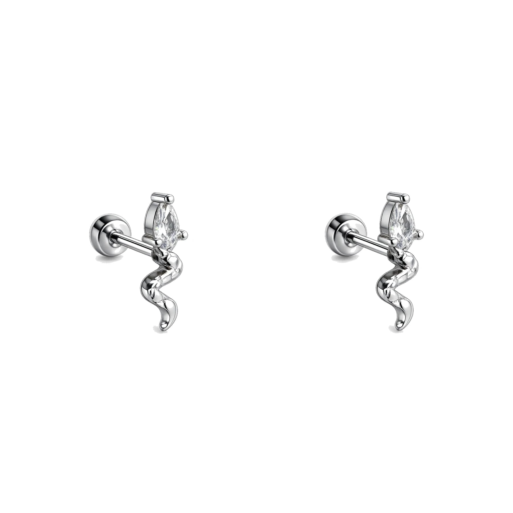 Piercing de Oreja Plateado con Zirconia Marquesa y Diseño Ondulado