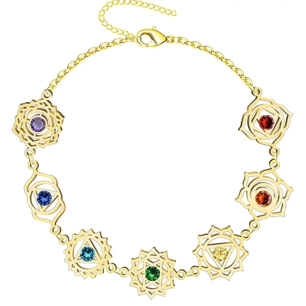 Pulsera 7 chakras dorada acero inoxidable mujer con cristales de colores y símbolos de flor de loto