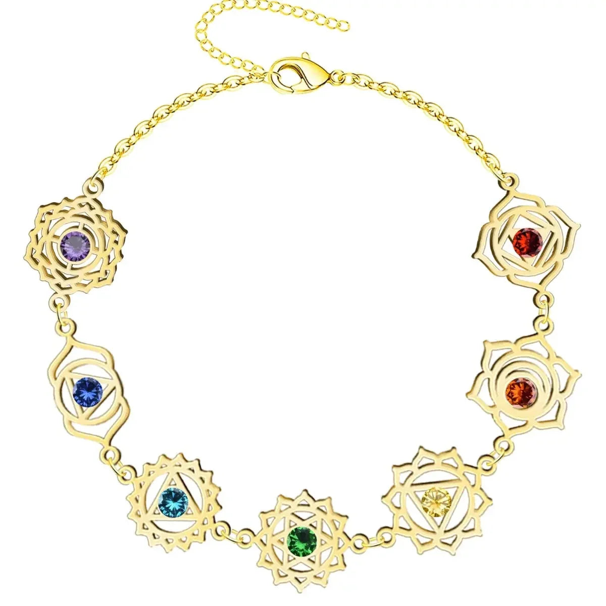 Pulsera 7 chakras dorada acero inoxidable mujer con cristales de colores y símbolos de flor de loto