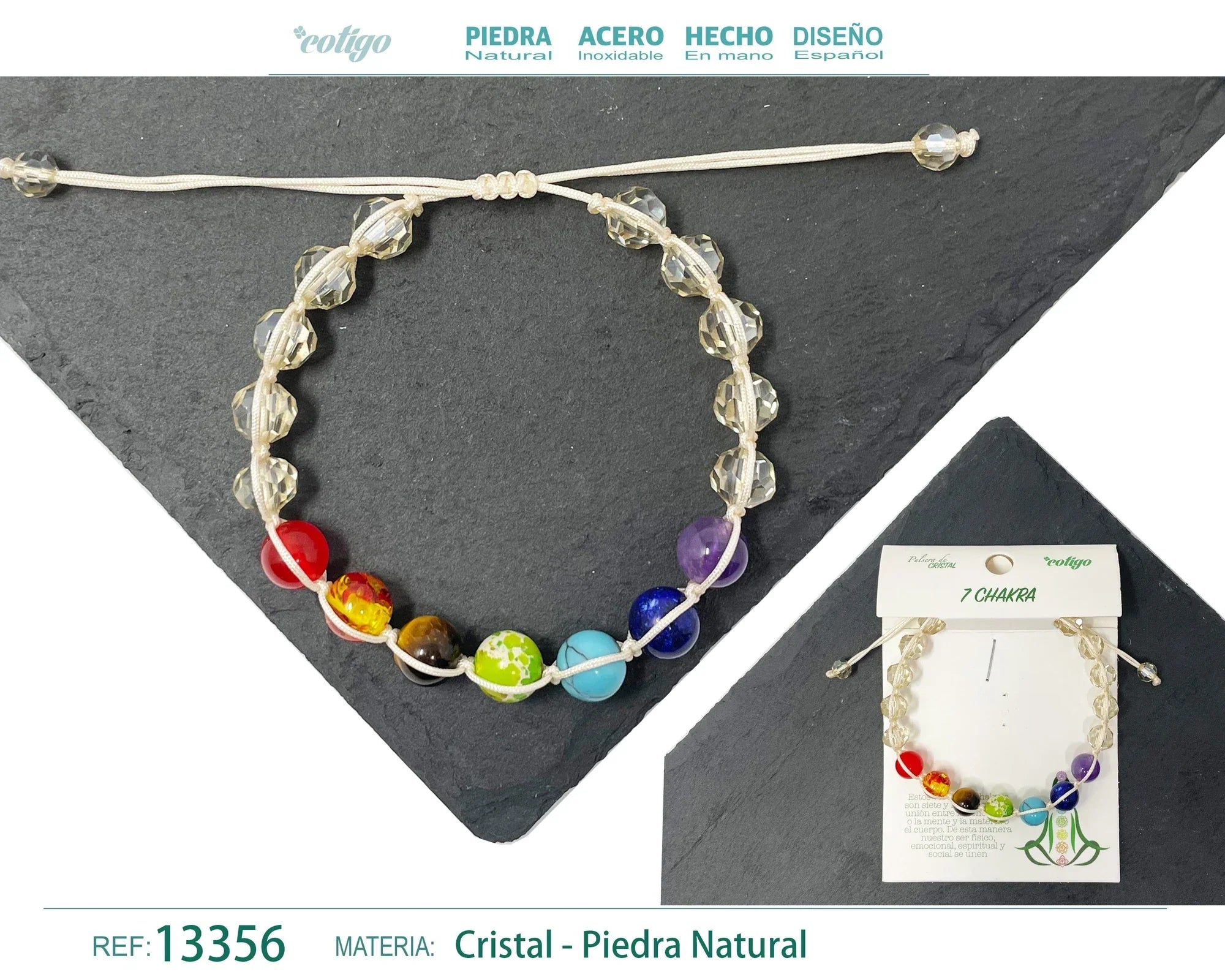 Pulsera 7 Chakras de Cristal con Hilo Trenzado - Color Beige - SKU 13356