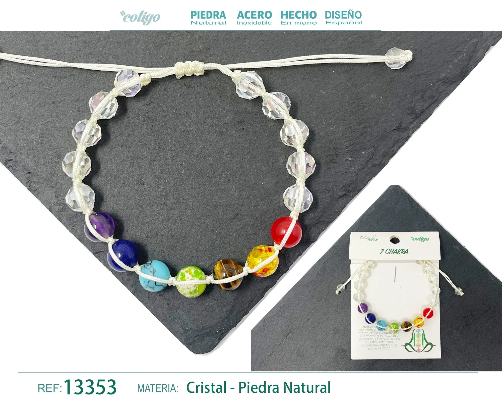 Pulsera 7 Chakras Cristal Hilo Trenzado Blanco Transparente