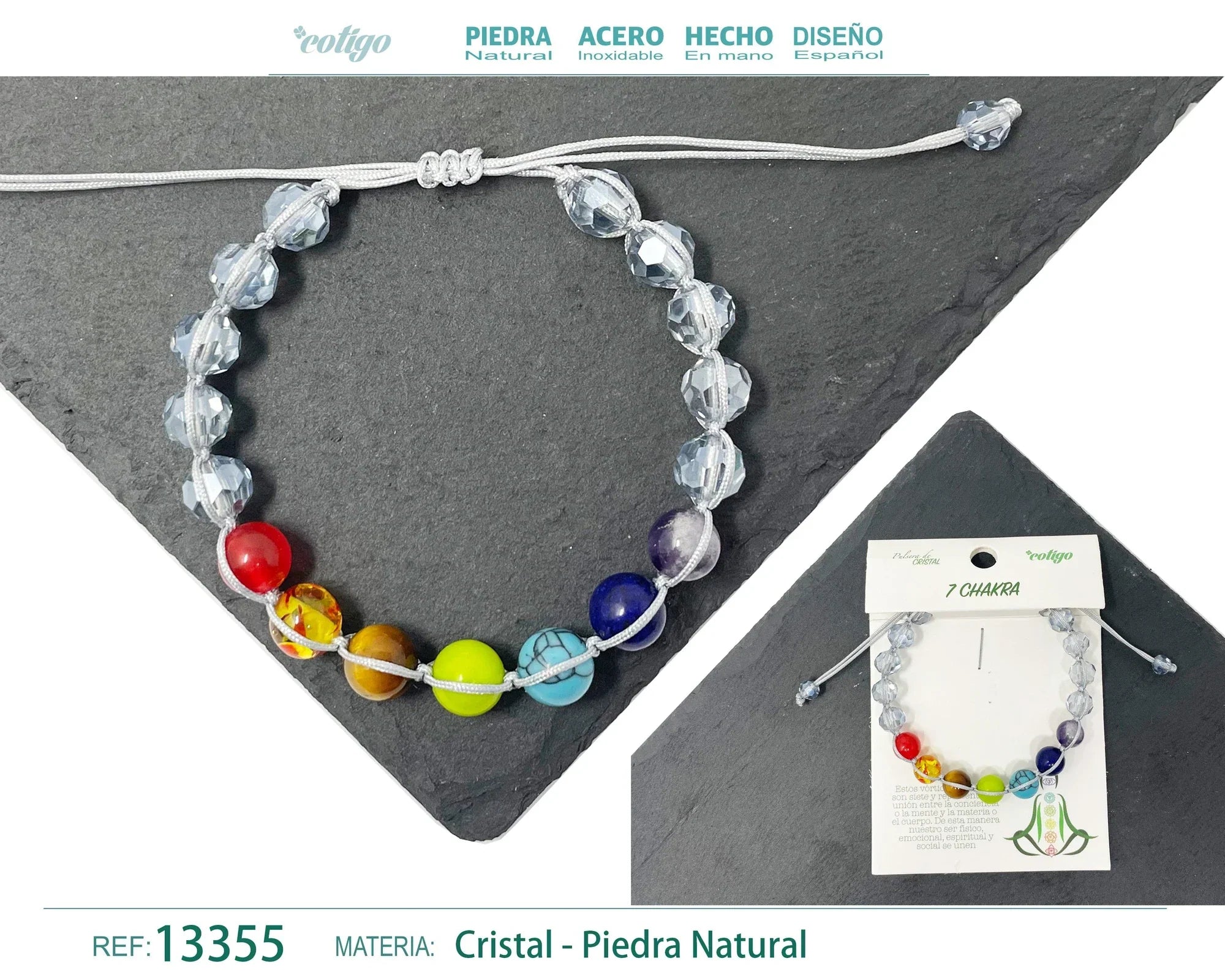 Pulsera 7 Chakras de Cristal con Hilo Trenzado - Color Gris - SKU 13355