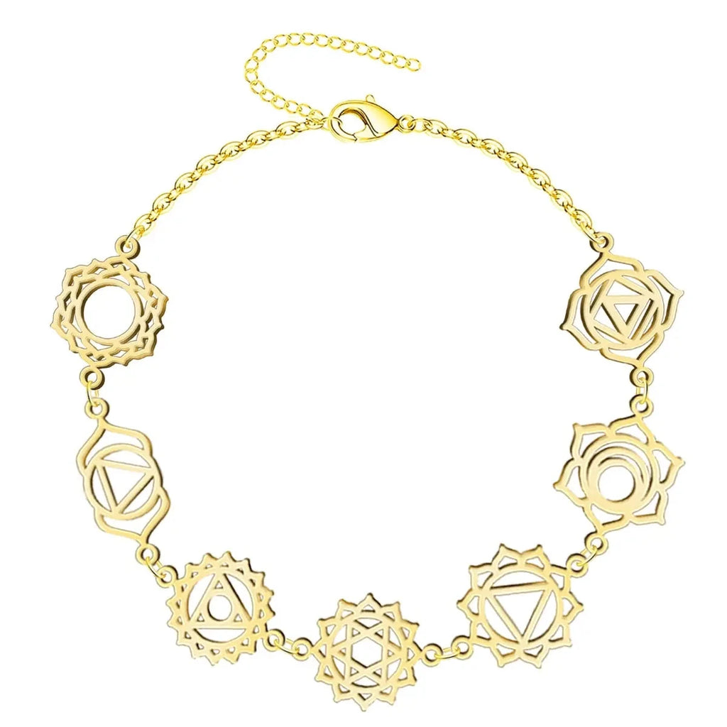 Pulsera 7 chakras dorada acero inoxidable mujer diseño calado sin piedras geometría sagrada