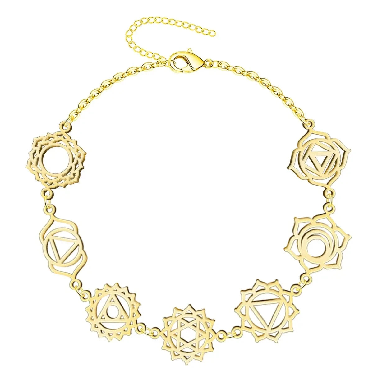 Pulsera 7 chakras dorada acero inoxidable mujer diseño calado sin piedras geometría sagrada