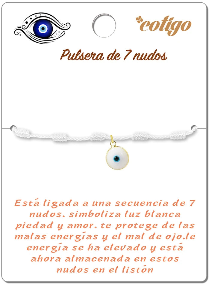 Pulsera de 7 Nudos Blanca con Colgante de Ojo Turco detalle