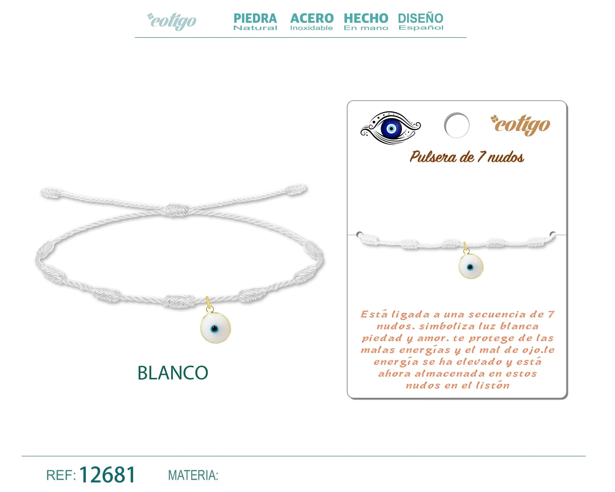 Pulsera de 7 Nudos Blanca con Colgante de Ojo Turco acabado