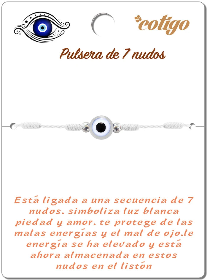 Pulsera de 7 Nudos Blanca con Ojo Turco detalle