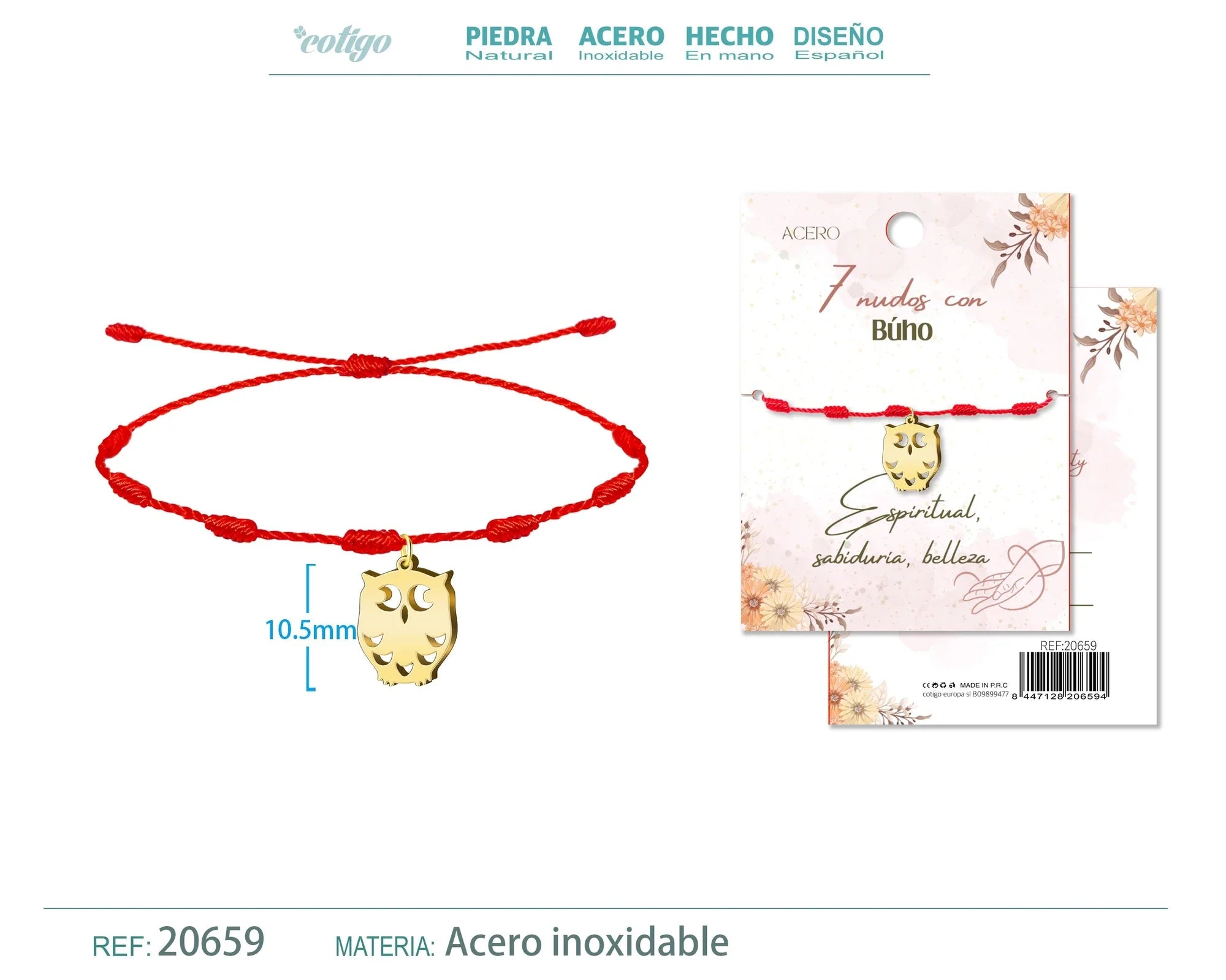 Pulsera 7 Nudos Búho Acero Dorado
