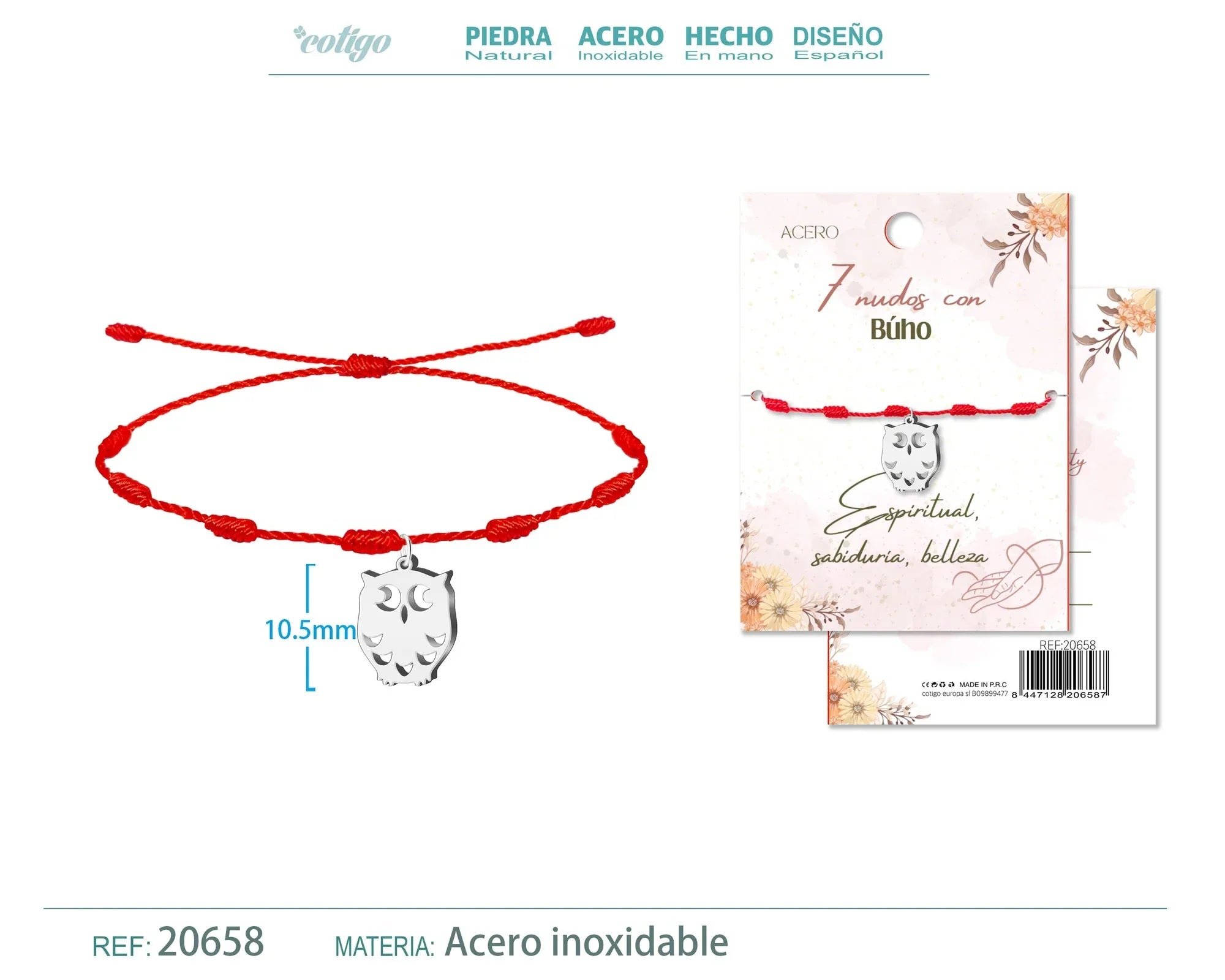 Pulsera 7 Nudos Búho Acero Plateado