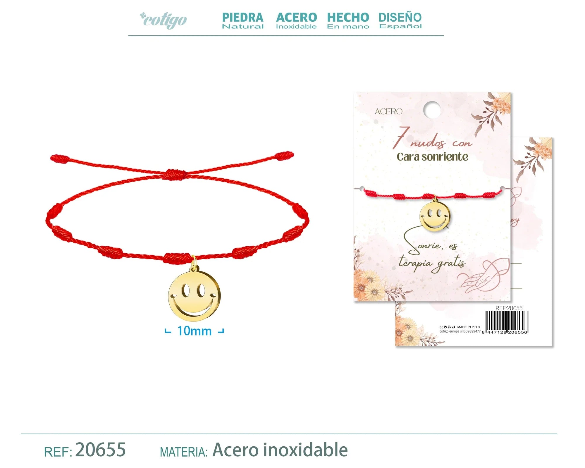 Pulsera 7 Nudos Cara Sonriente Acero Dorado