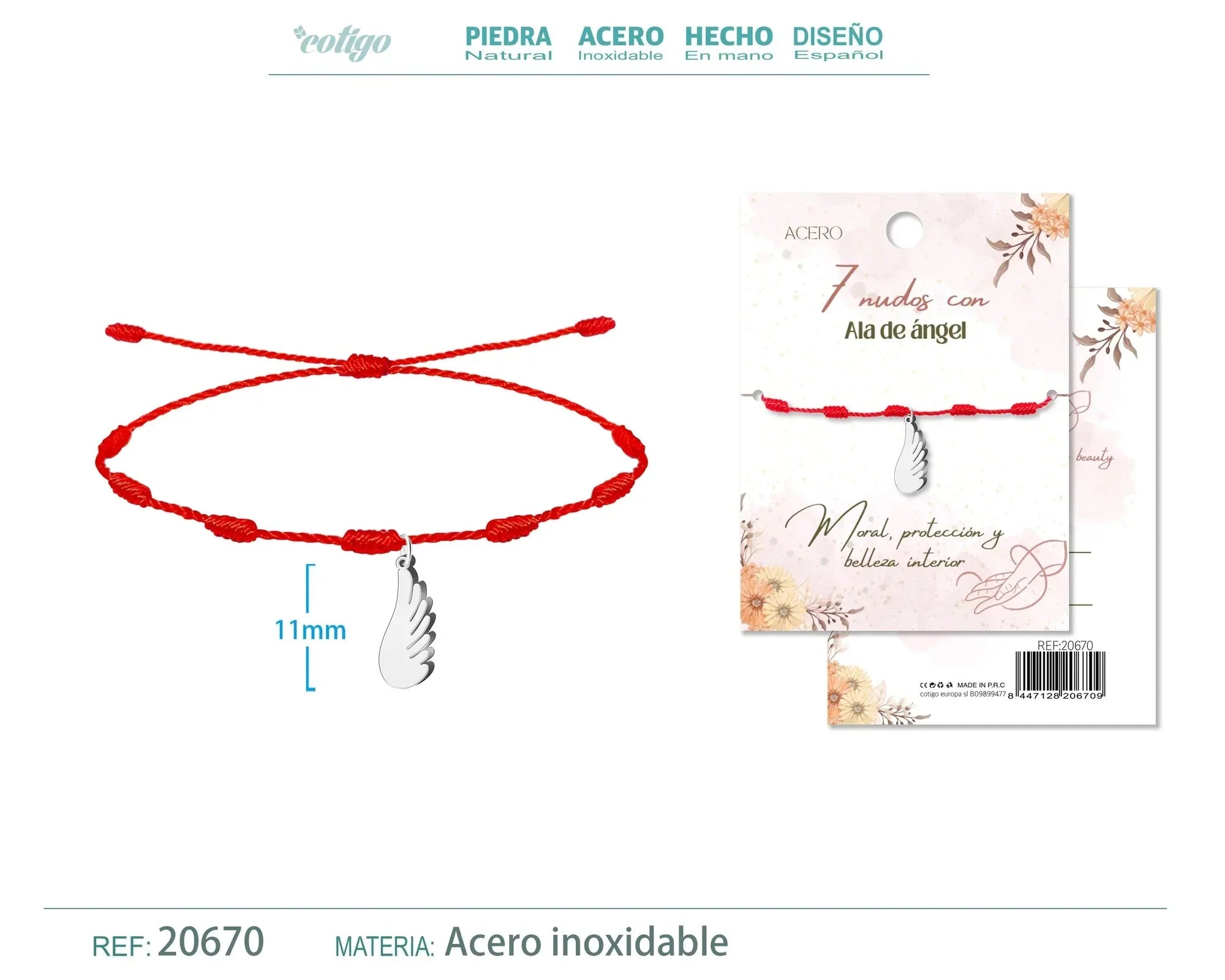 Pulsera 7 Nudos con Ala de Ángel en Acero - Color Plateado - SKU 20670