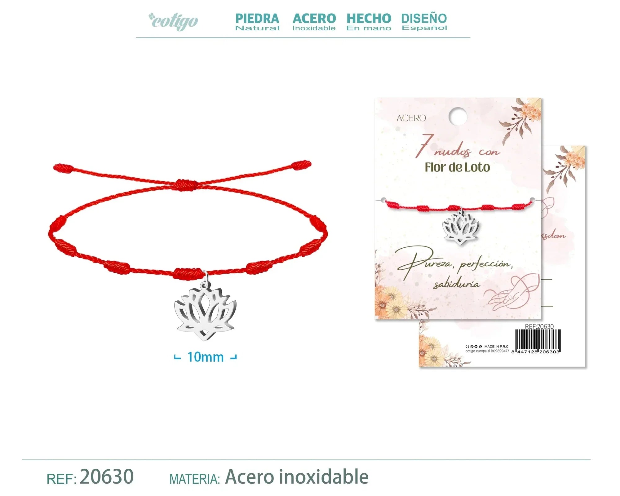 Pulsera 7 Nudos con Flor de Loto en Acero - Acabado Plateado - SKU 20630