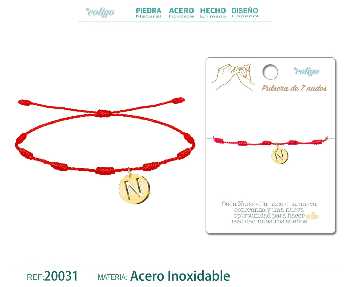 Pulsera 7 Nudos con letra N color Dorado cotigo