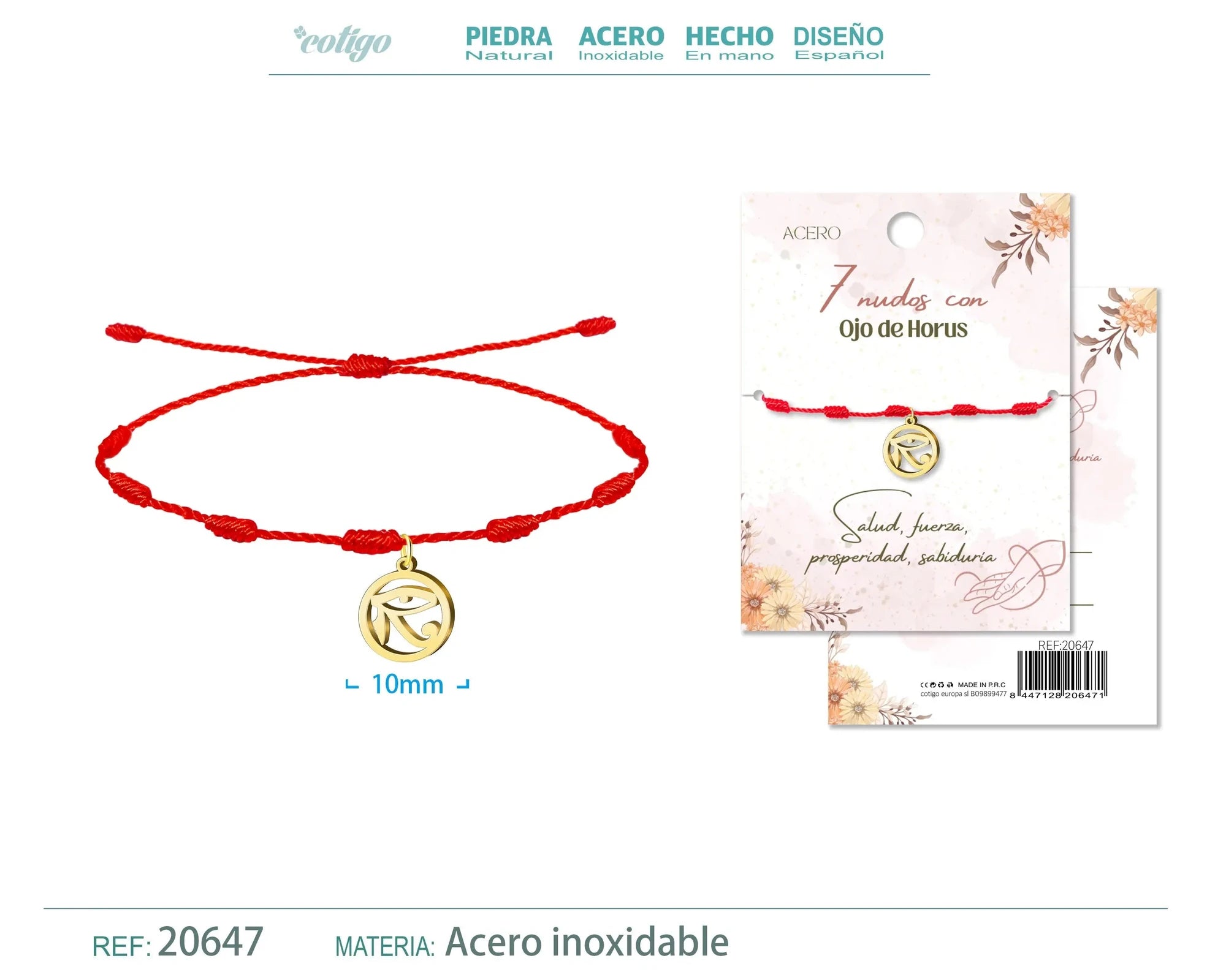 Pulsera 7 Nudos con Ojo de Horus Color Dorado textura