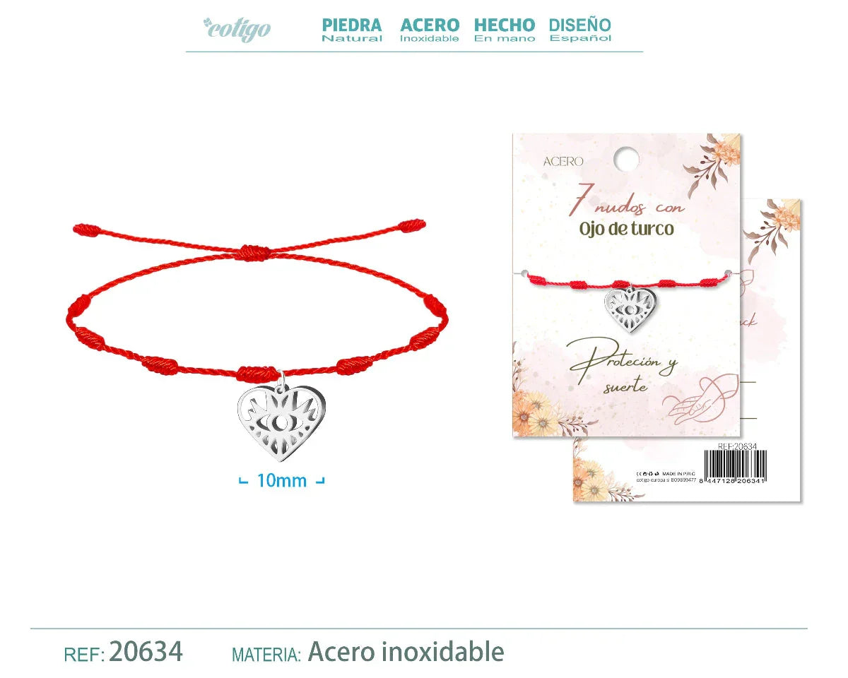 Pulsera roja de 7 nudos con colgante de corazón calado y ojo turco en acero inoxidable plateado.