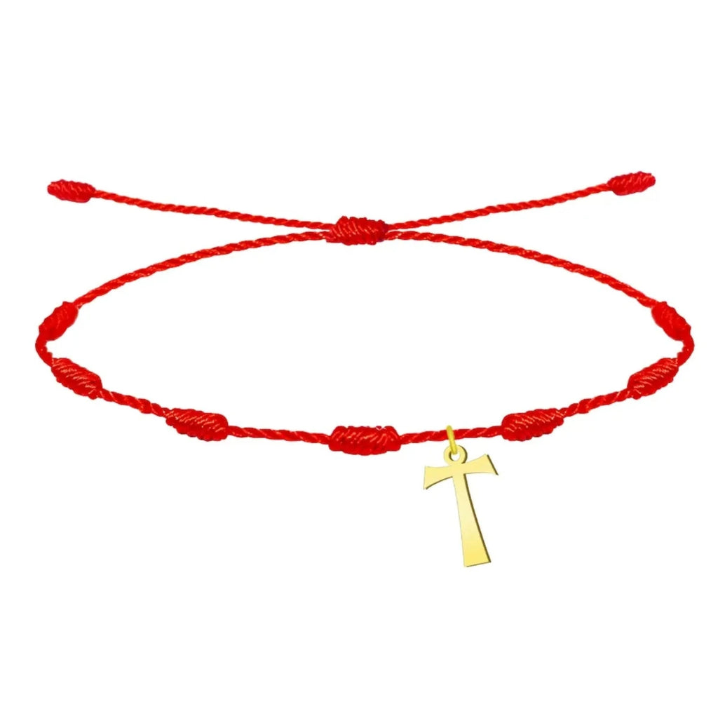 Pulsera 7 Nudos Rojo con Cruz Tau en Acero Dorado