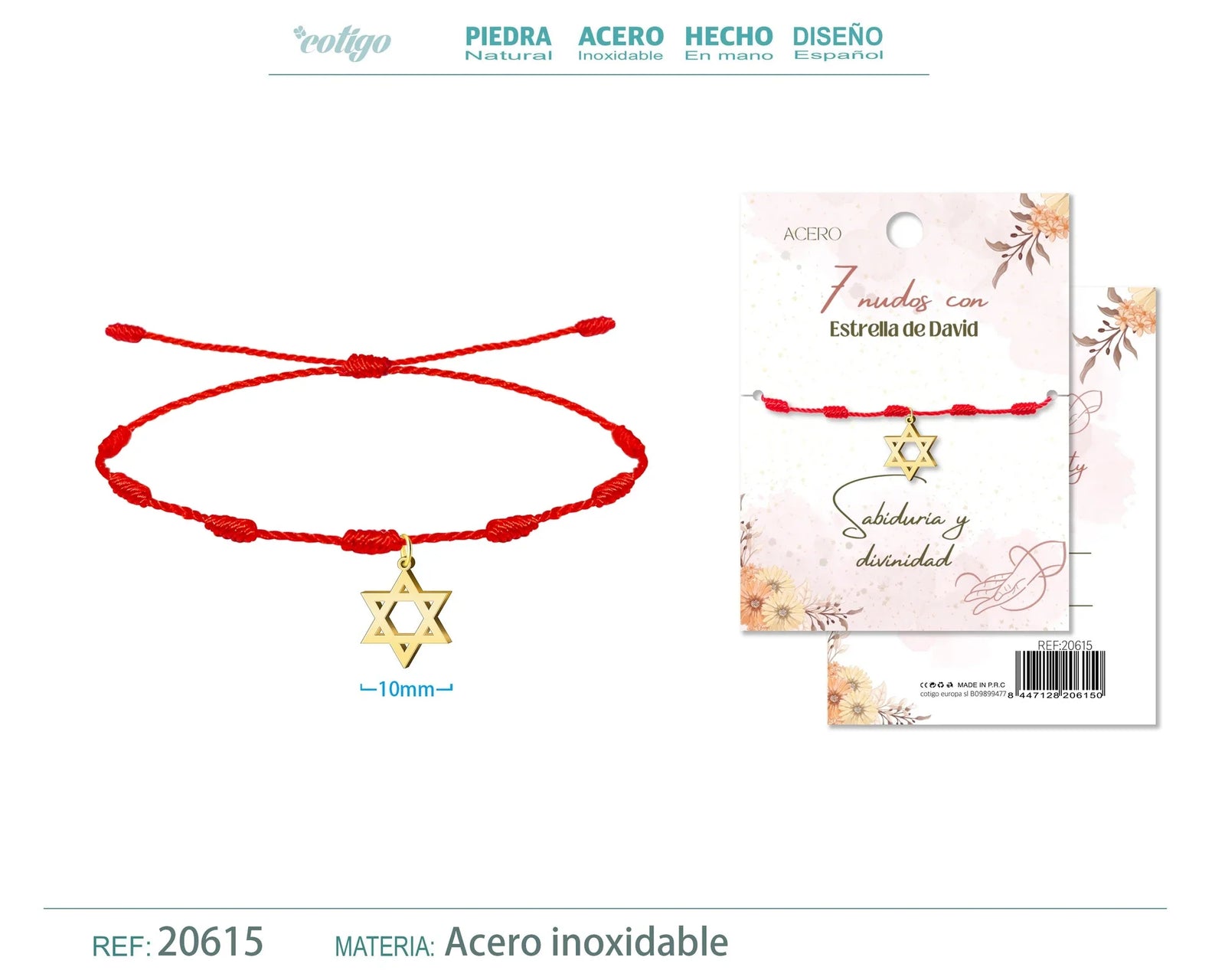 Pulsera 7 Nudos Estrella de David Acero Dorado