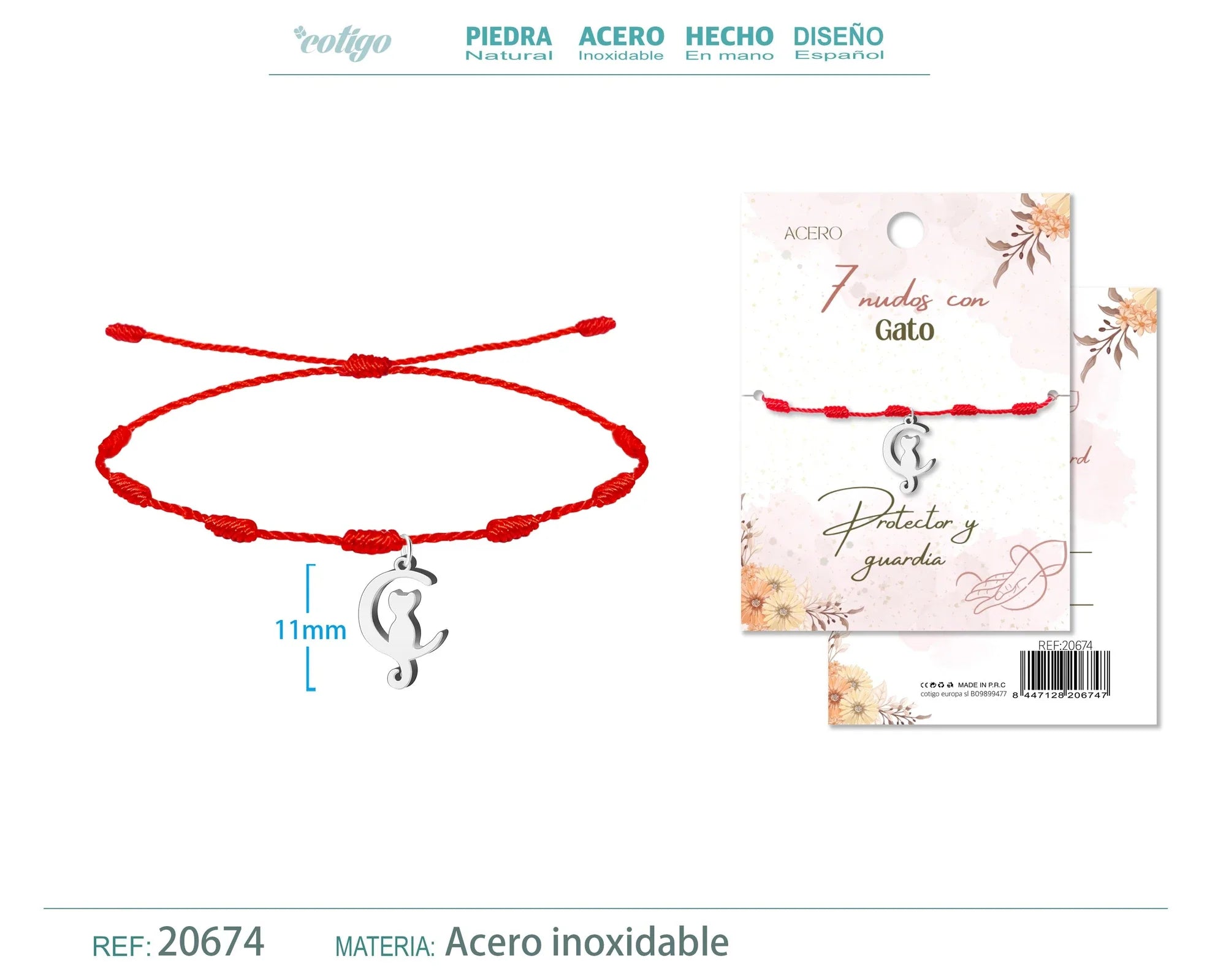 Pulsera 7 nudos Gato acero plateado