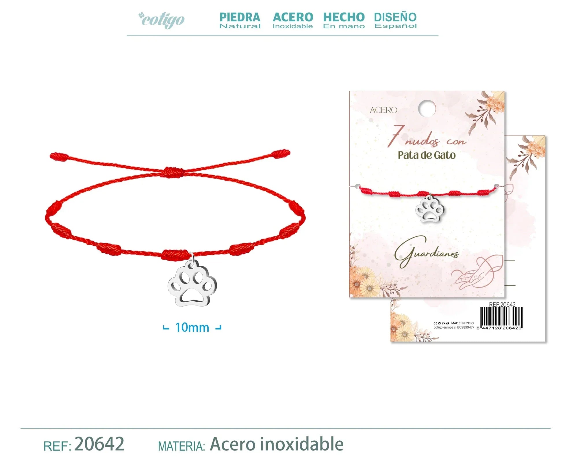 Pulsera 7 Nudos Huella de Gato Acero Plateado