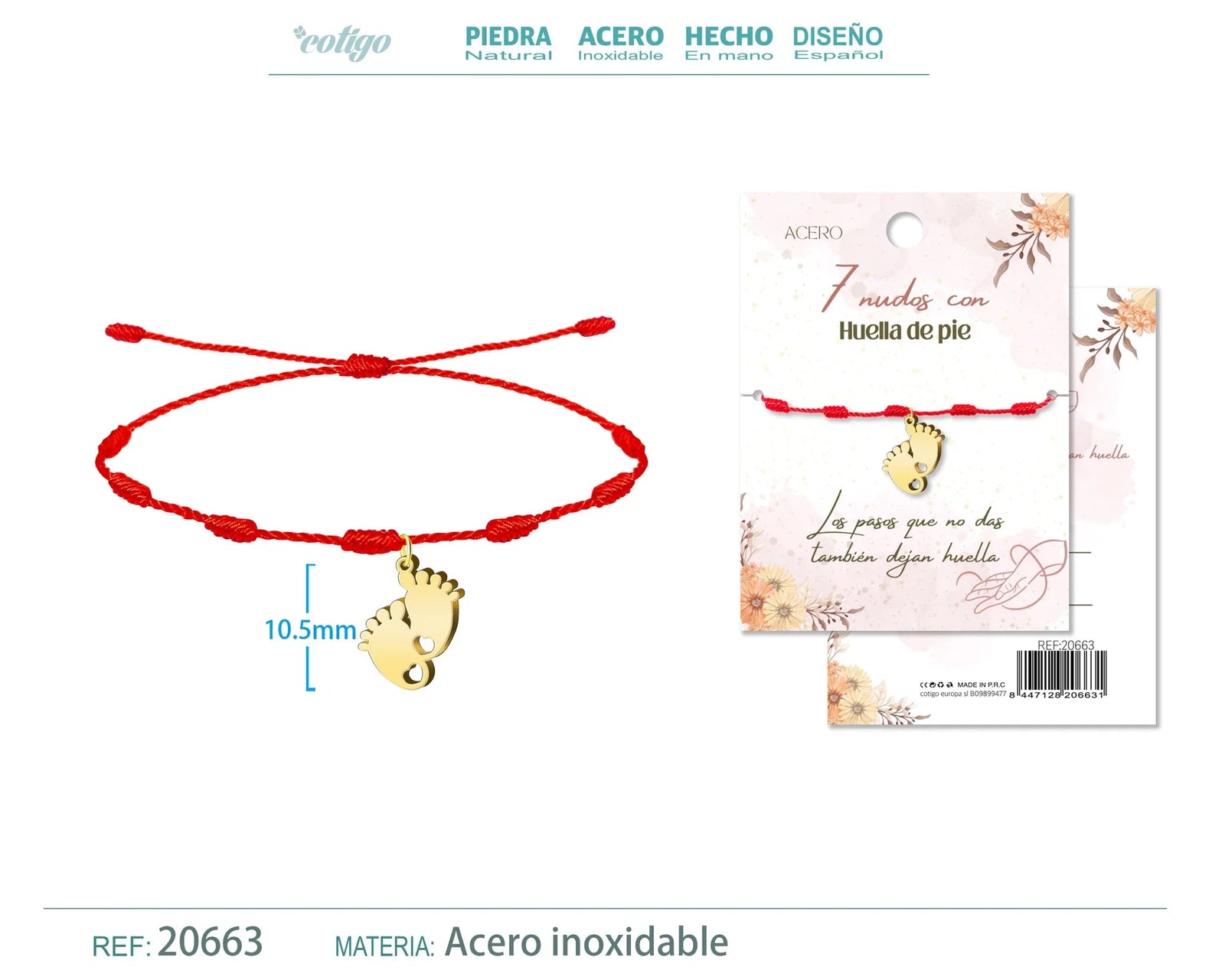 Pulsera 7 Nudos Huella de Pie Acero Dorado