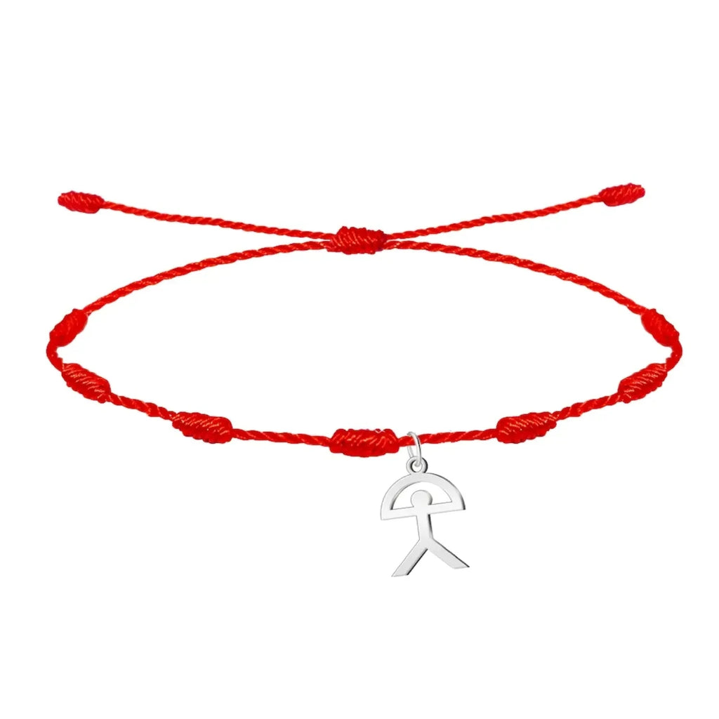 Pulsera de 7 nudos con símbolo Indalo en acero plateado y cordón rojo