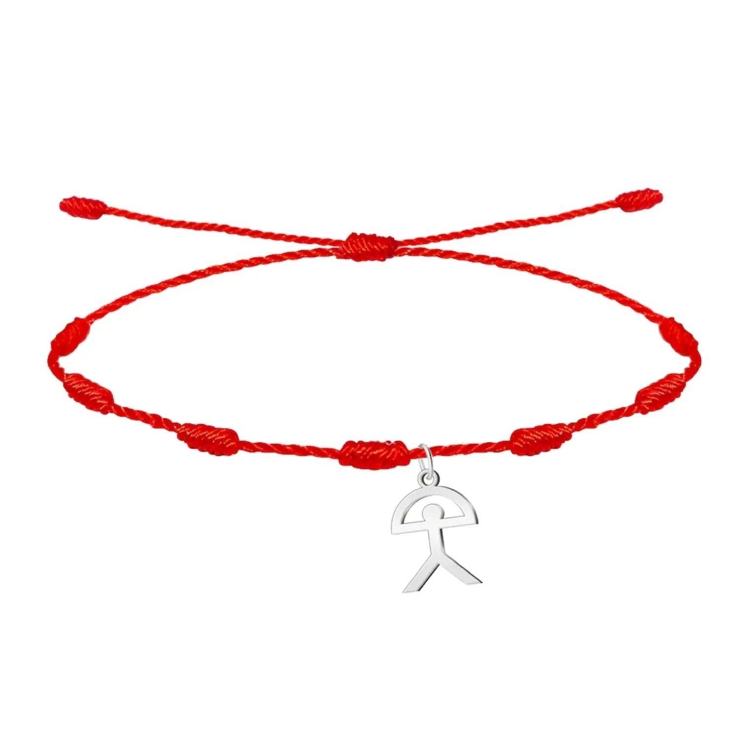 Pulsera de 7 nudos con símbolo Indalo en acero plateado y cordón rojo