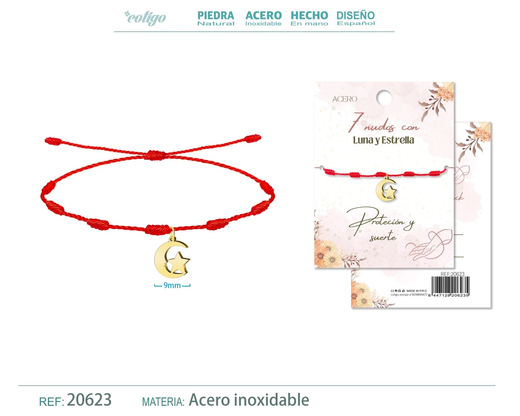 Pulsera 7 Nudos Luna Y Estrella Acero Dorado