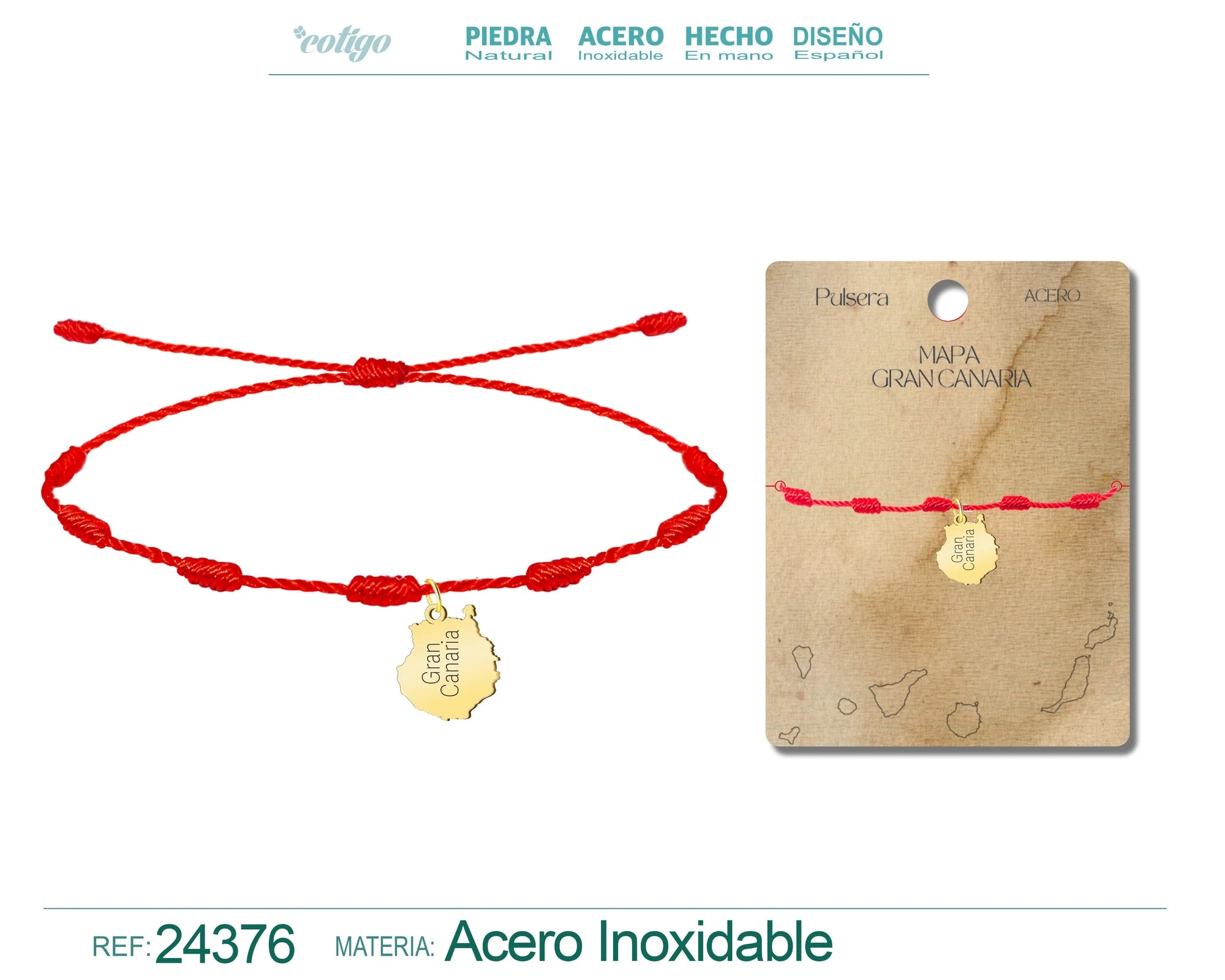 Pulsera 7 Nudos Mapa de Gran Canaria Acero Dorado acabado