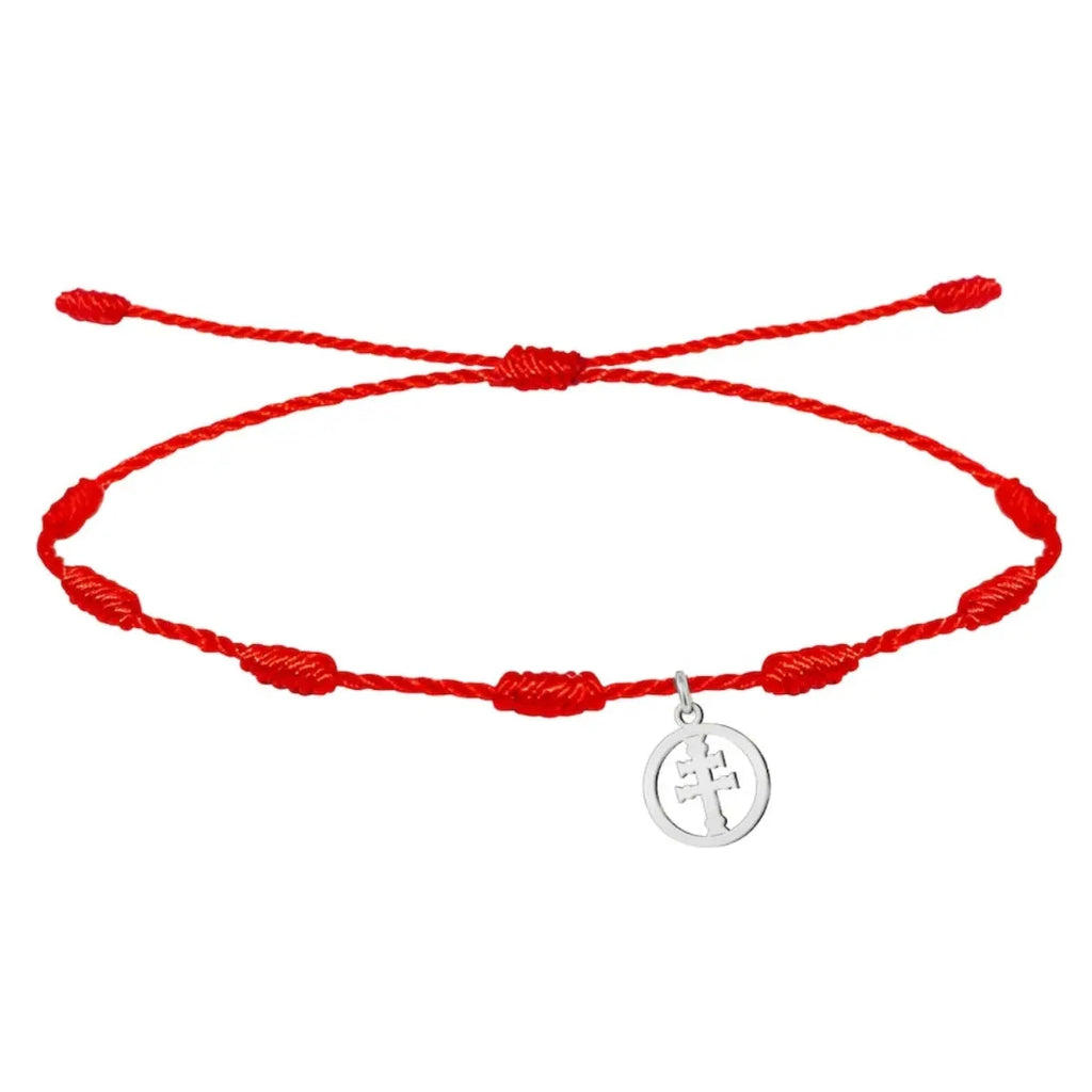 Pulsera 7 Nudos con Medalla de Cruz de Caravaca en Hilo Rojo Y Acero